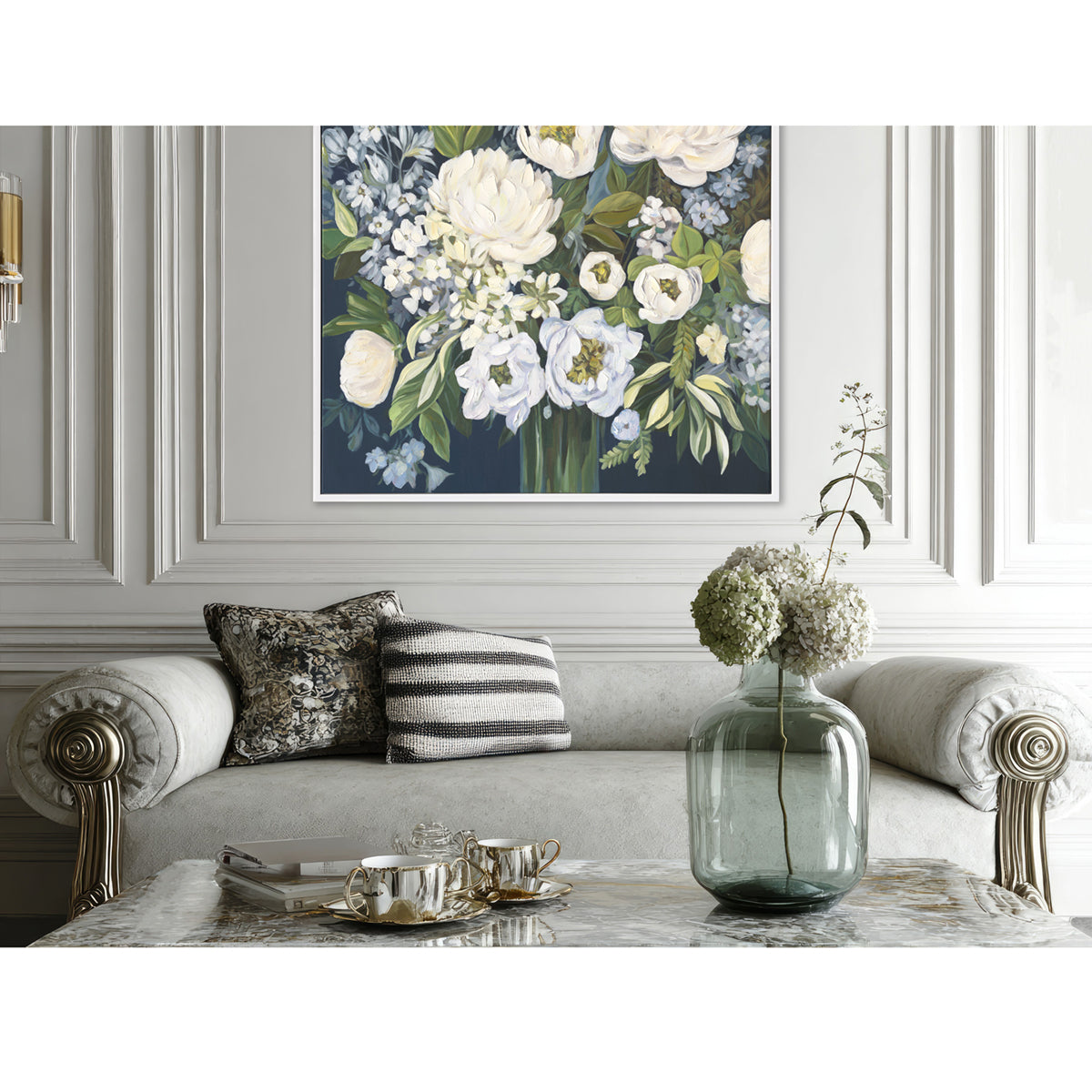 Handmade Floral Wall Art – White Flowers and Green Leaves Painting