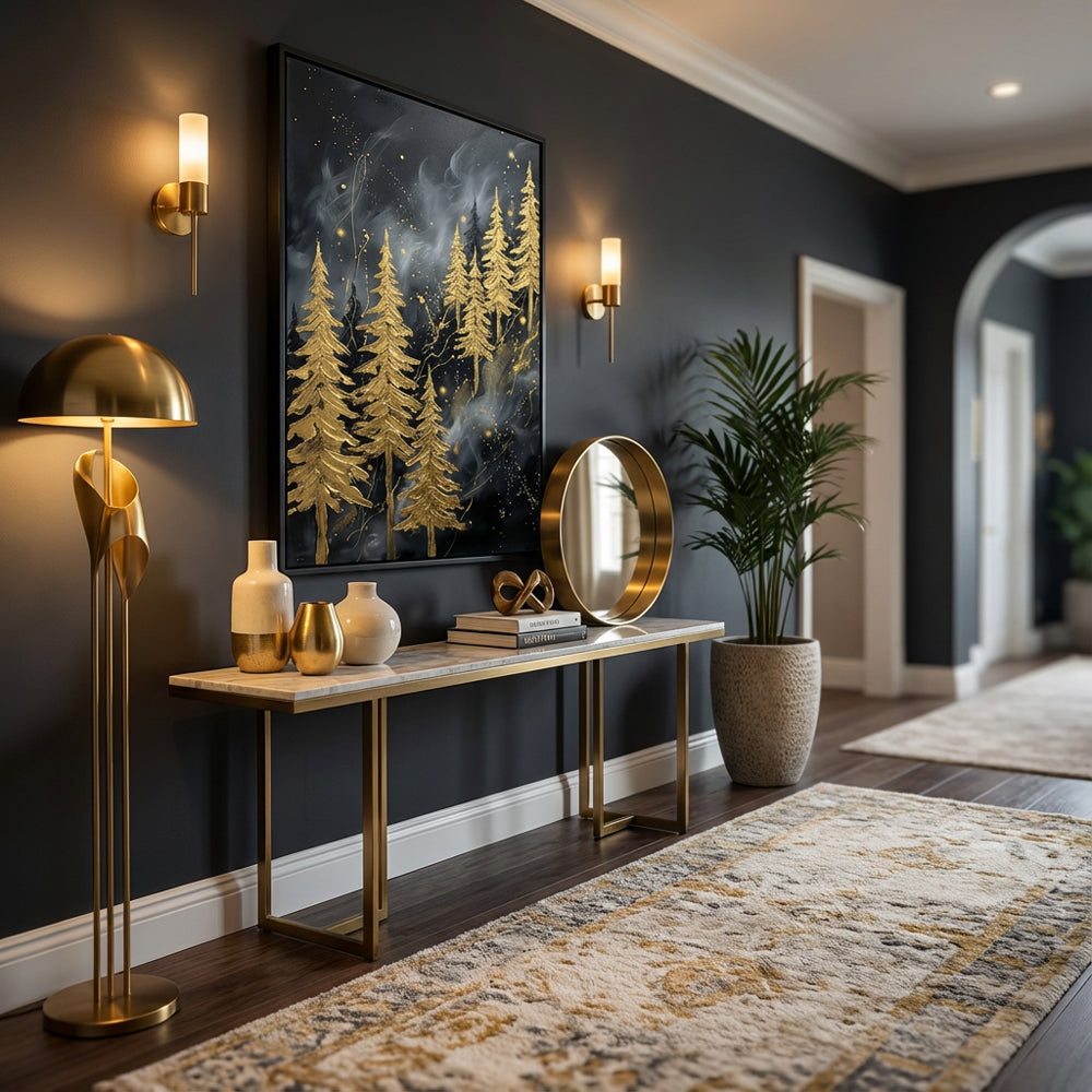 Golden Whispering Pines – Abstract Metallic Forest Oil-Style Artwork Handcrafted Painting