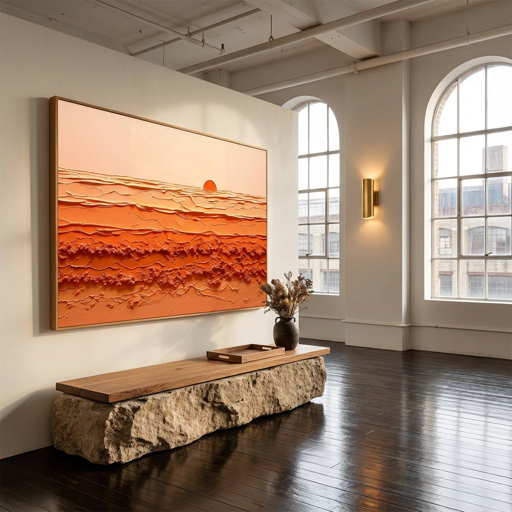 Sunrise Harmony – Abstract Texture Landscape in Warm Orange Tones, Sunset Over Waves Extra Large Handmade paintings