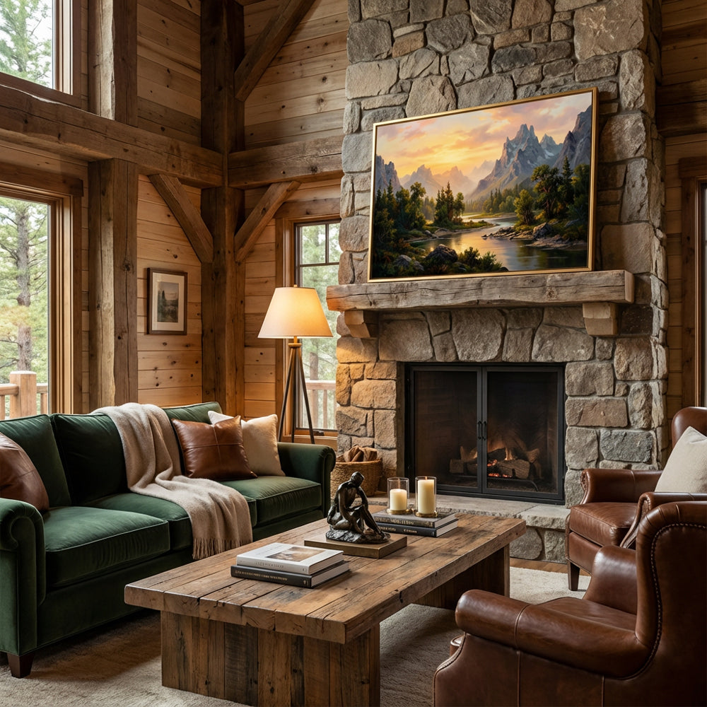 Sunlit Valley Serenity – Realist Mountain River Landscape Oil-Style Artwork Handcrafted Painting