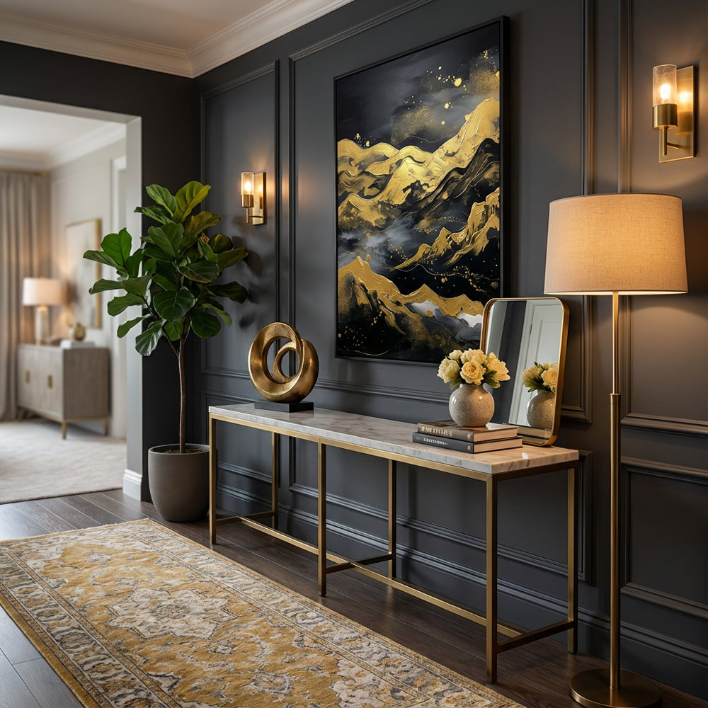 Golden Night Peaks – Abstract Metallic Landscape Oil-Style Artwork Handcrafted Painting