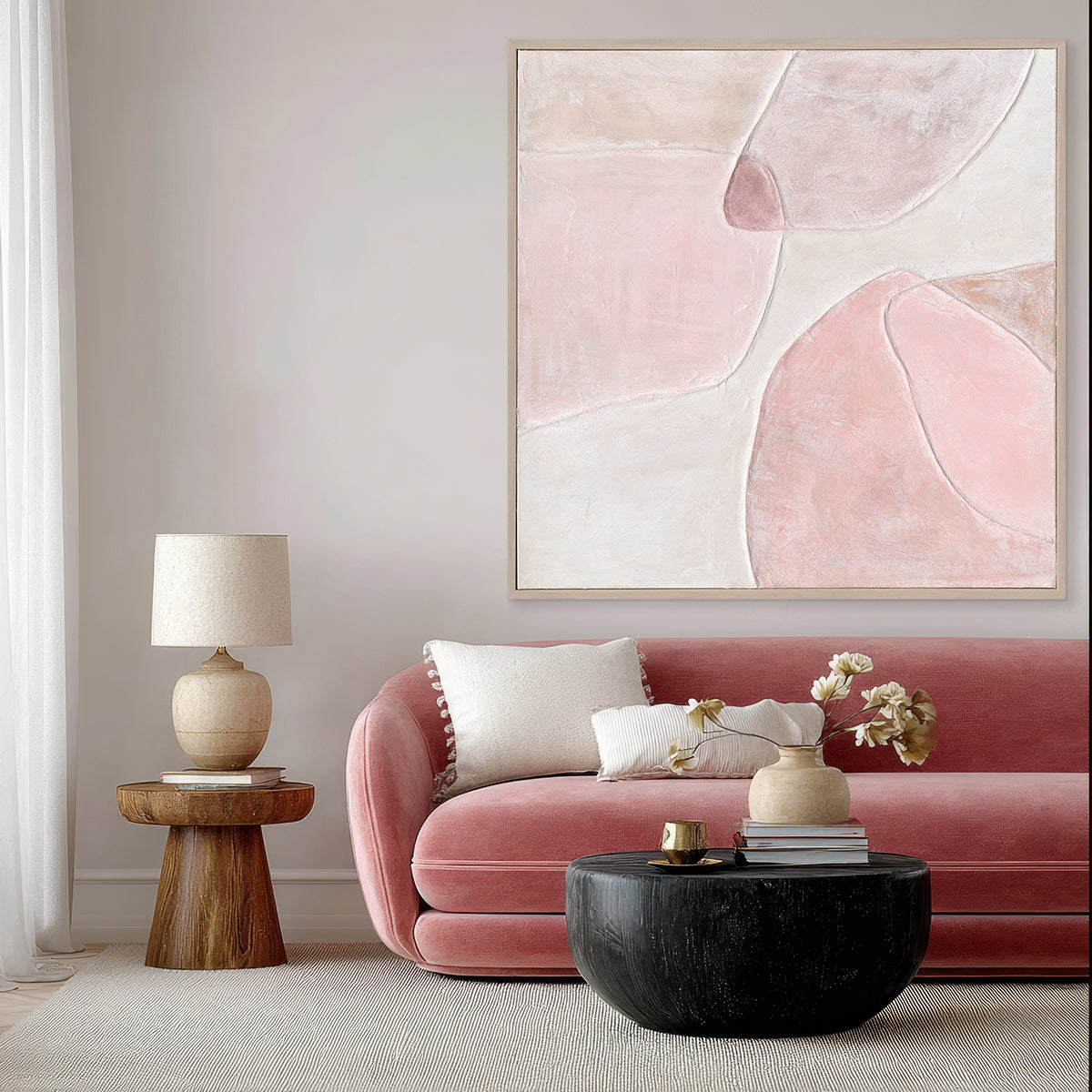 Abstract curves in gentle blush tones create harmony, romance, and timeless sophistication at home