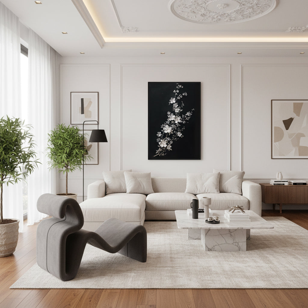 Silver Blossom Elegance – Modern Minimal Relief Style Handmade Oil Painting Wall Art