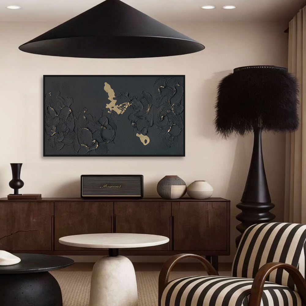 Handmade Abstract Wall Art – Black Textured Painting with Gold Accents-Landscape Orientation