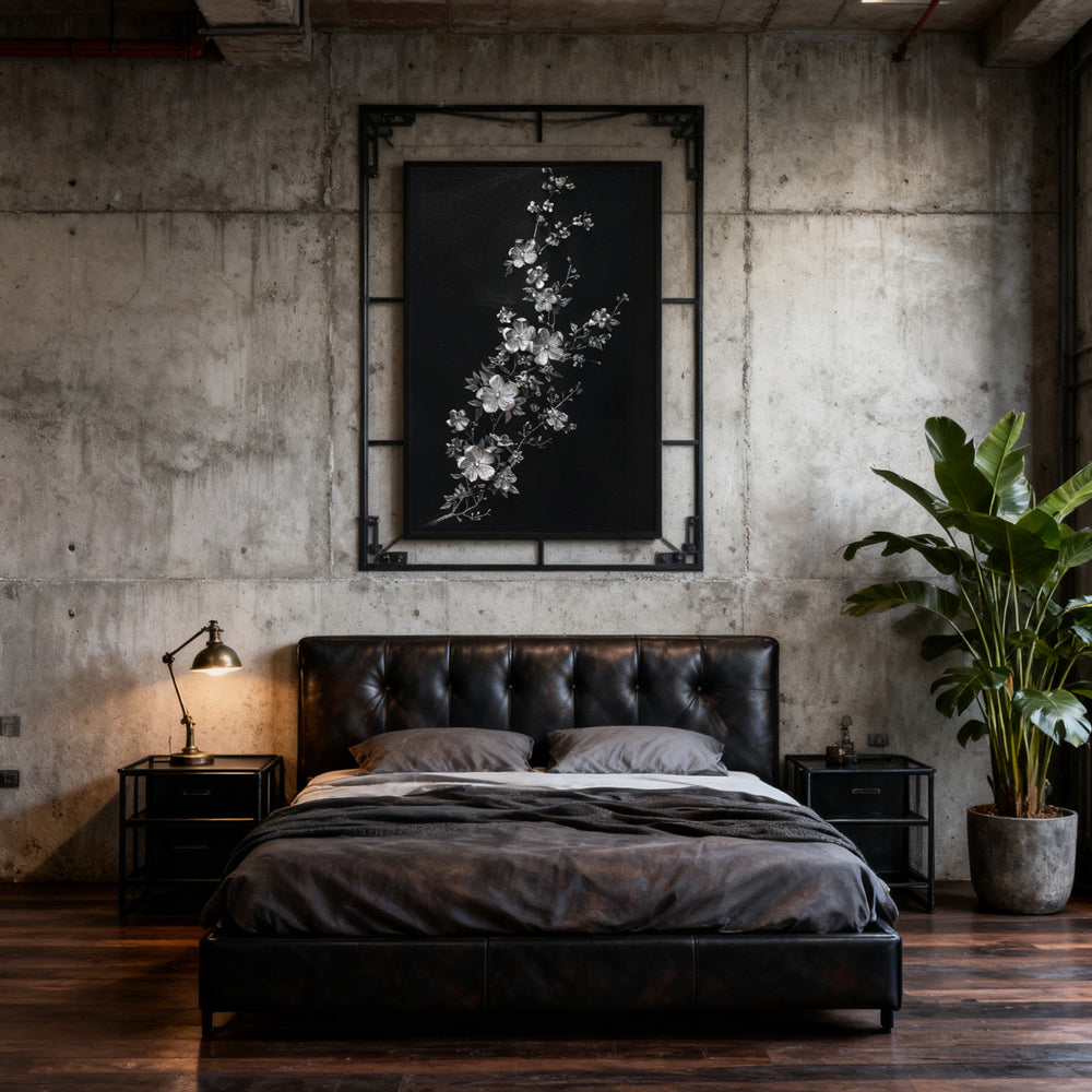 Silver Blossom Elegance – Modern Minimal Relief Style Handmade Oil Painting Wall Art