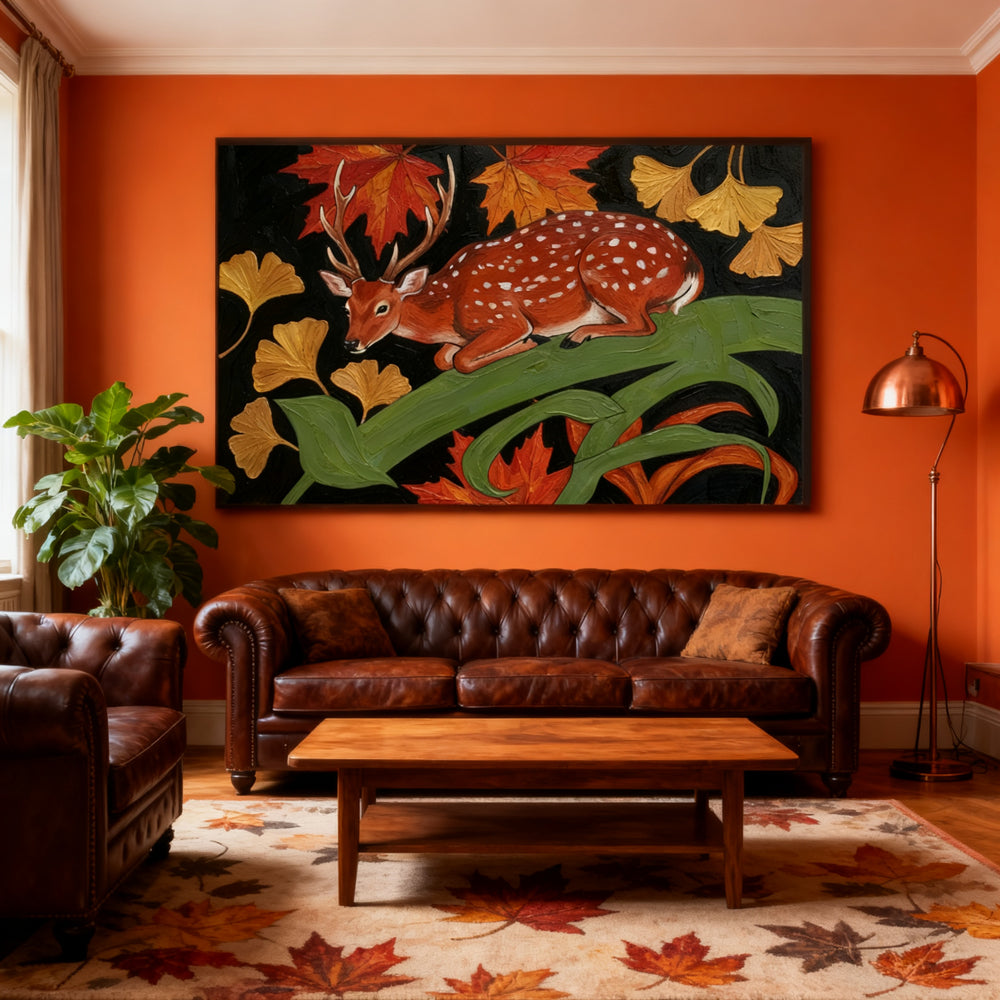Deer & Autumn Leaves Art Panel – Folk Art Style – Warm Earth Tones – Botanical Wildlife Wall Art
