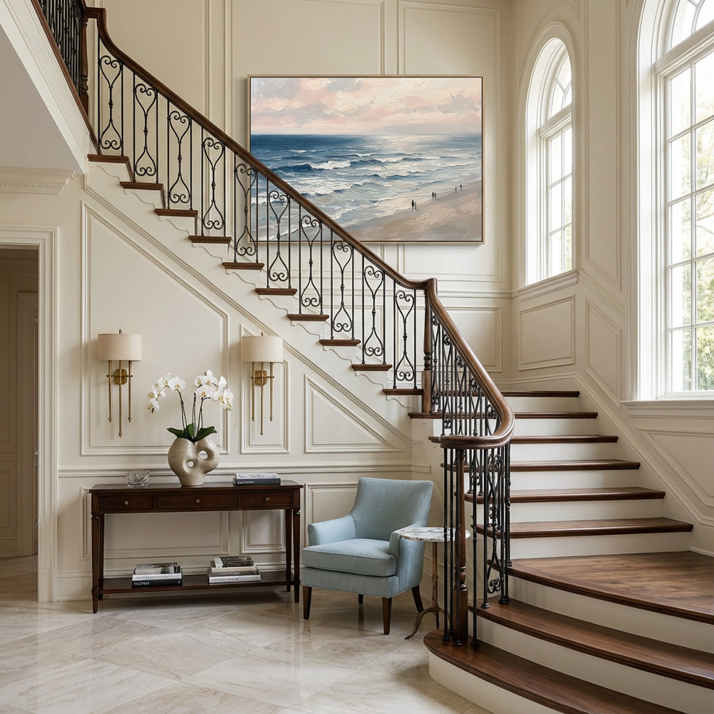 Coastal Serenity Walk | Modern Impressionist Seascape Style Hand-Painted Oil Painting Wall Art