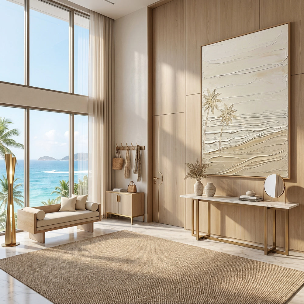 Silent Shoreline Palms | Modern Minimal Coastal Style Hand-Painted Oil Painting Wall Art