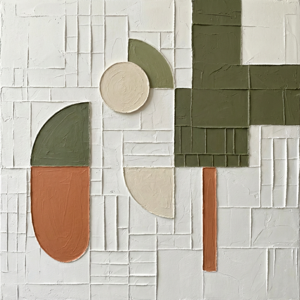 Geometric Abstract Art Panel – Minimalist Textured Style – White, Olive & Terracotta Tones – Shape & Grid Elements