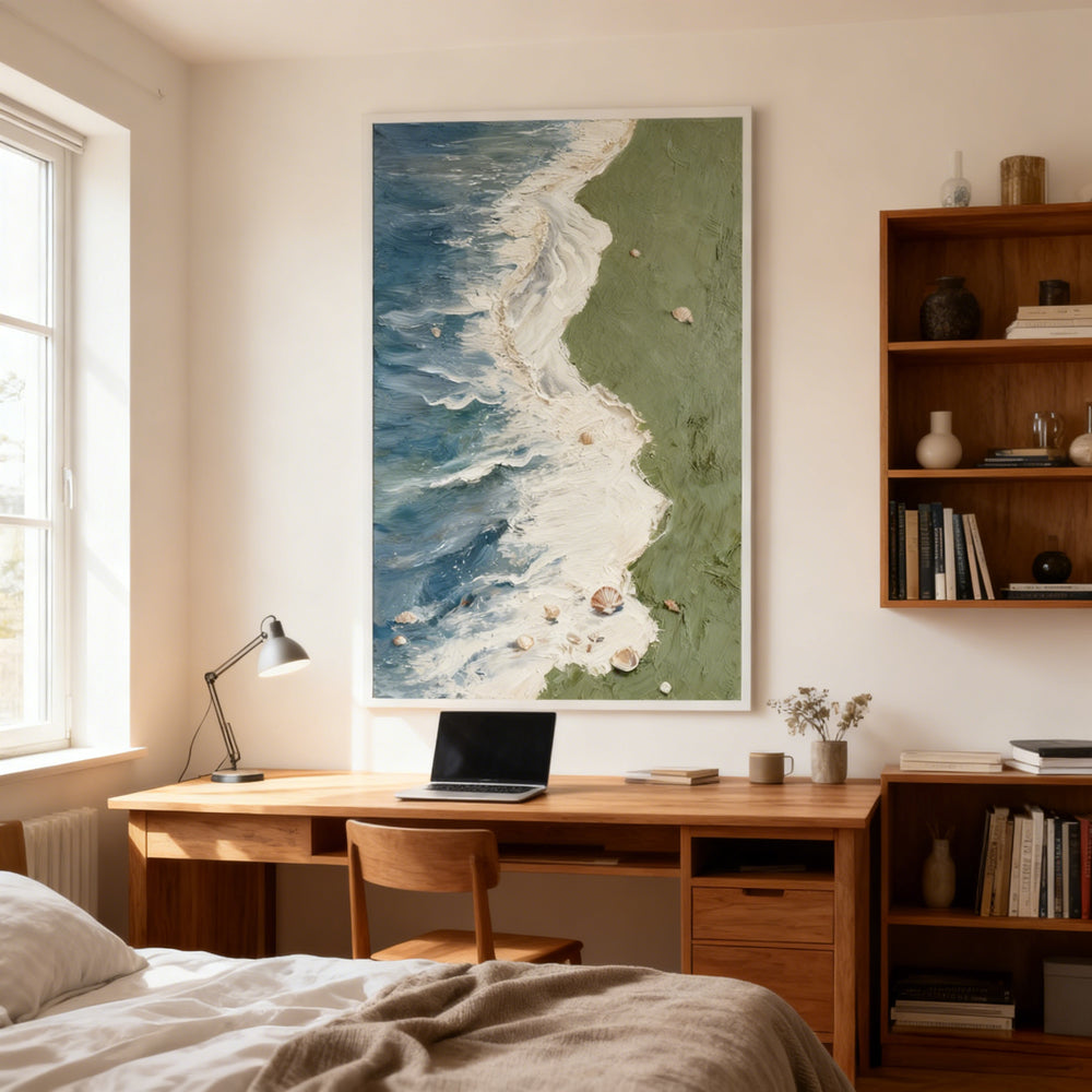 Coastal Waves & Shells Texture Art – Impressionistic Seascape Style Handmade Oil Painting Wall Art