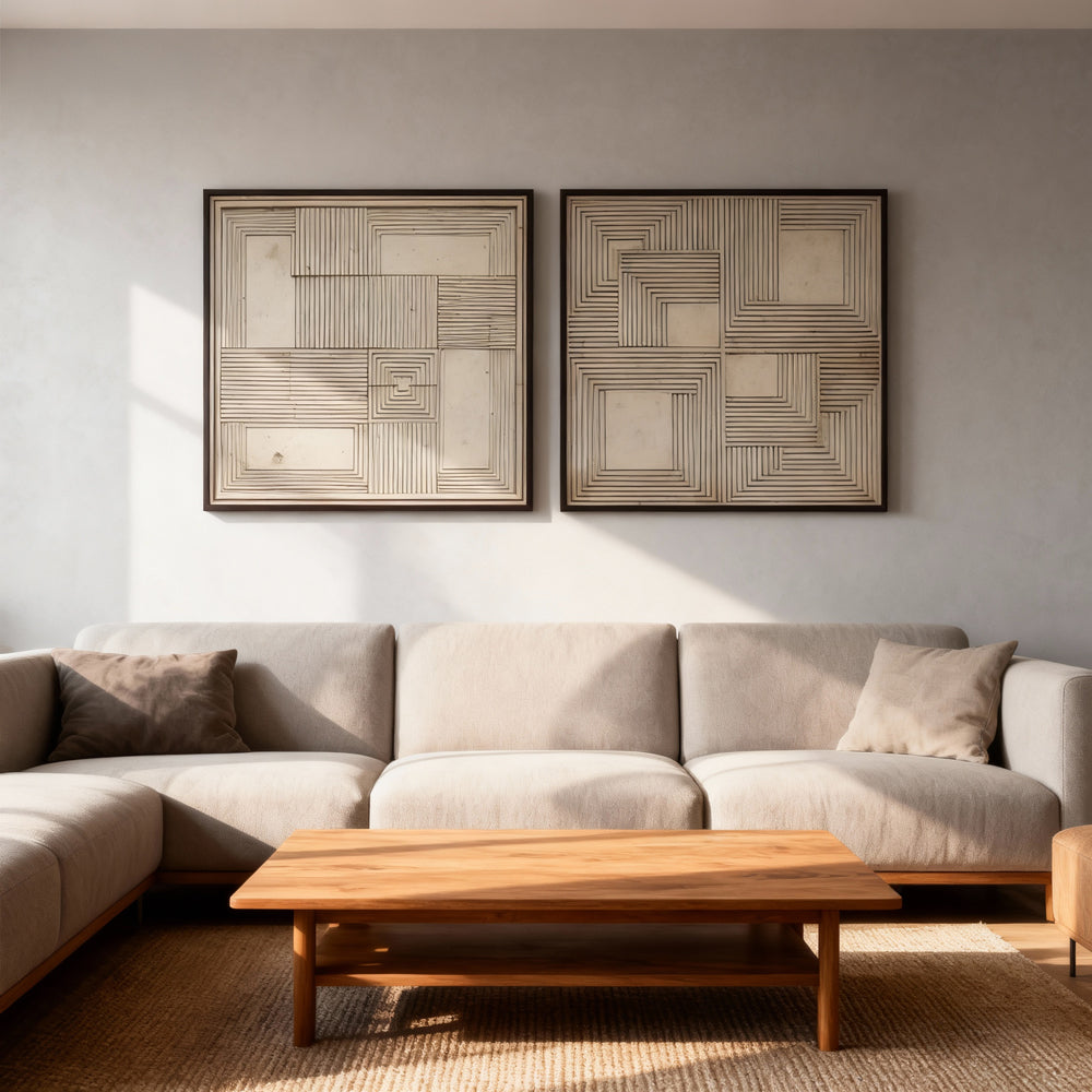 Geometric Harmony – Modern Abstract Line Texture Painting, Handmade Oil Wall Art (Set of 2)