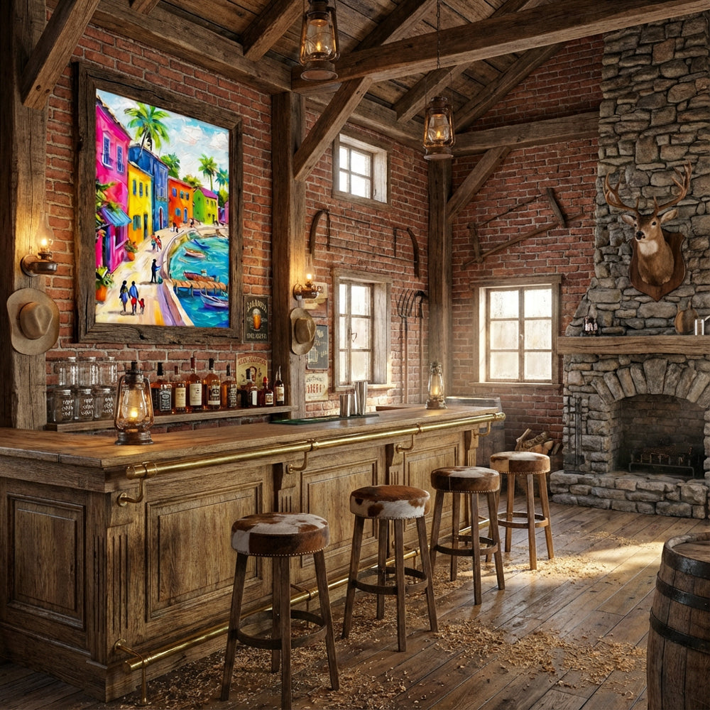 Vibrant Coastal Town Painting – Impressionist Palette Knife Style Handcrafted Painting artwall