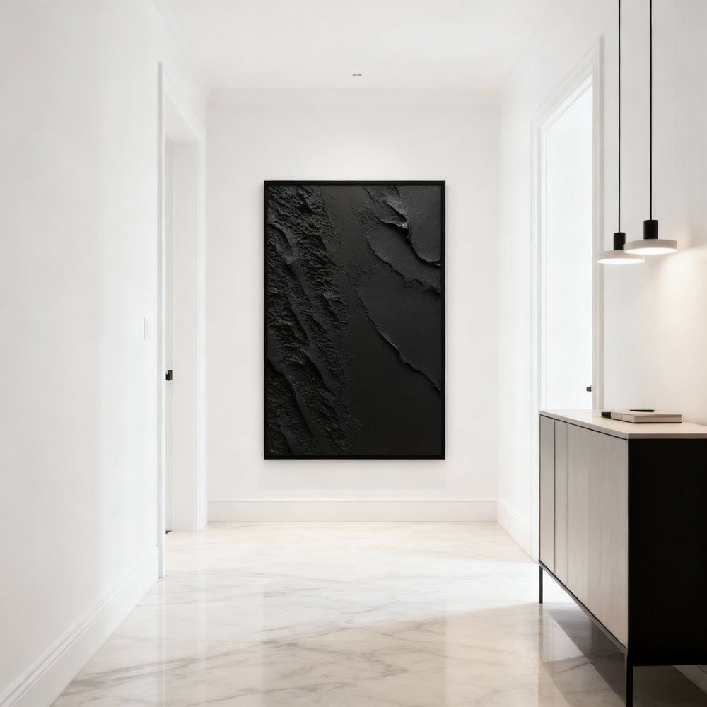 Black Terrain Texture Theme Painting – Minimalist Abstract Style Handmade Texture Wall Art