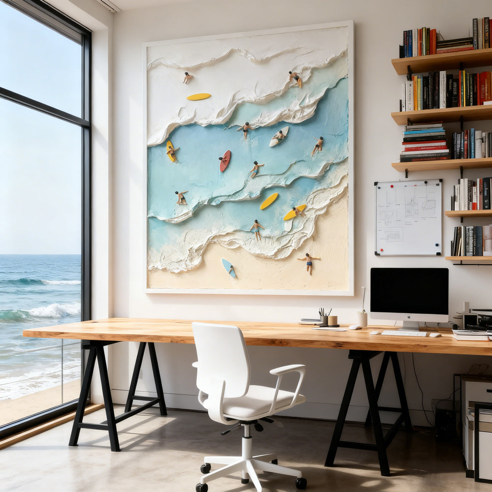 Surfing Coast Joy – Modern Relief Style Handmade Oil Painting Wall Art