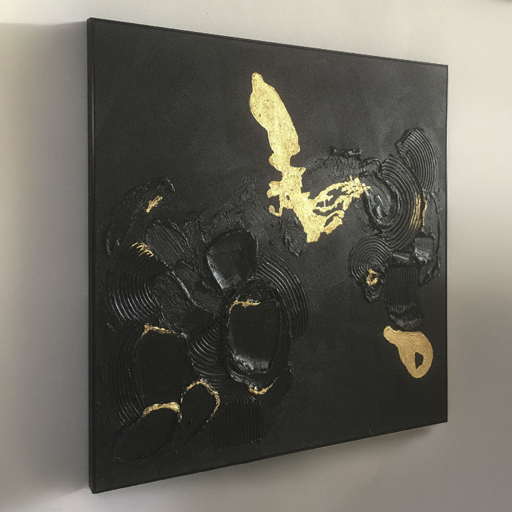 Handmade Abstract Wall Art – Black Textured Painting with Gold Accents