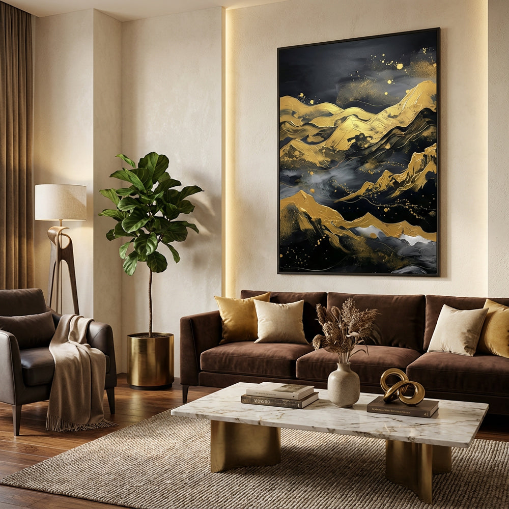 Golden Night Peaks – Abstract Metallic Landscape Oil-Style Artwork Handcrafted Painting