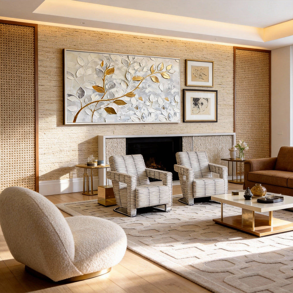 Still Veins– Hand-Painted Textured Floral Oil Painting Wall Art in White and Gold-Landscape Orientation