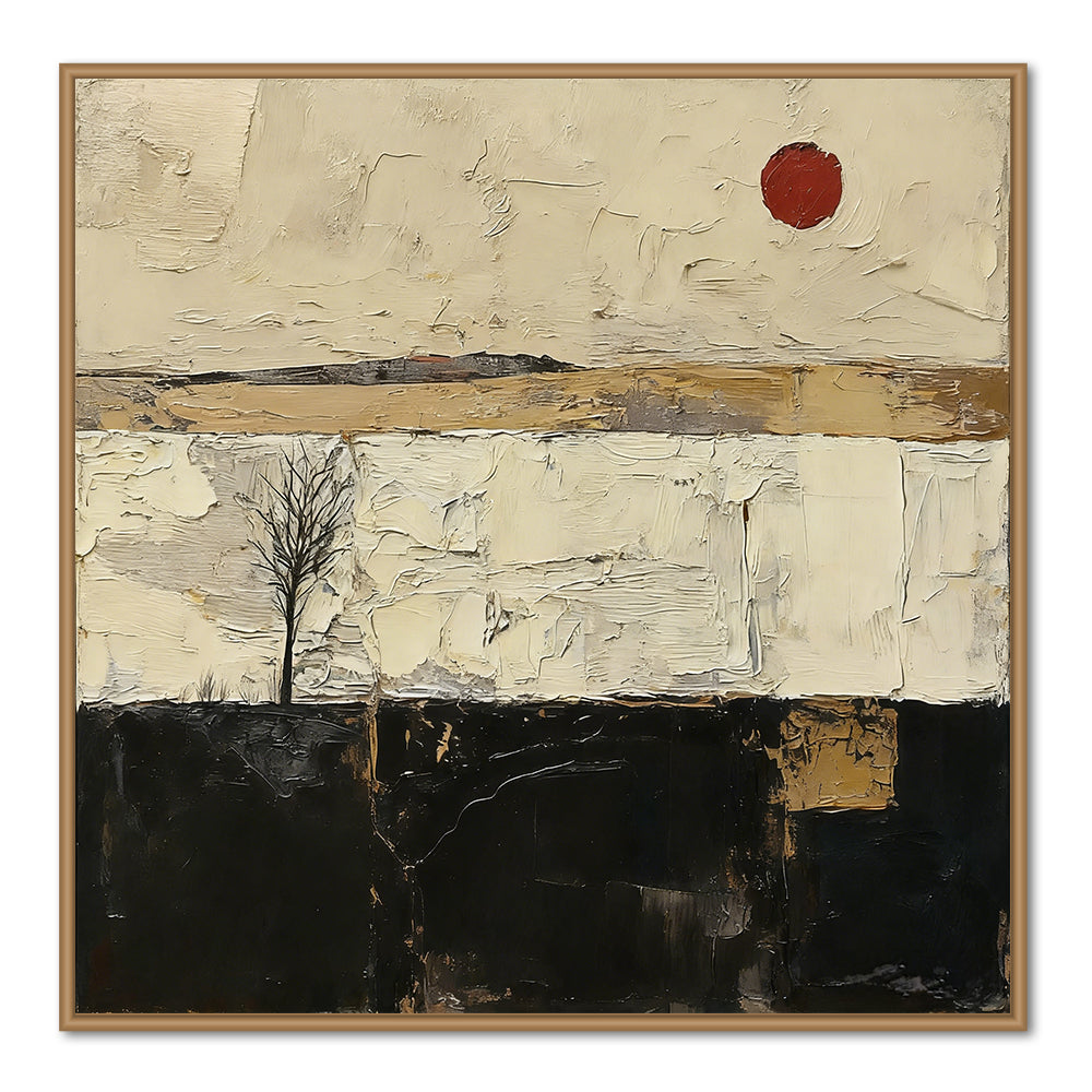 Lone Tree & Red Sun Landscape Theme Painting – Modern Abstract Style Handmade Oil Painting Wall Art