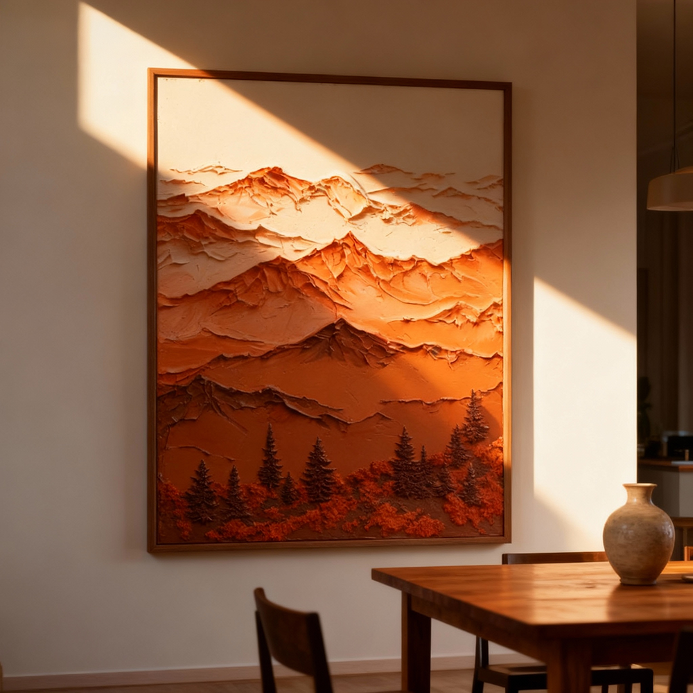 Majestic Mountain Serenity – Abstract Texture Landscape in Warm Earth Tones, Layered Peaks and Forest Elements