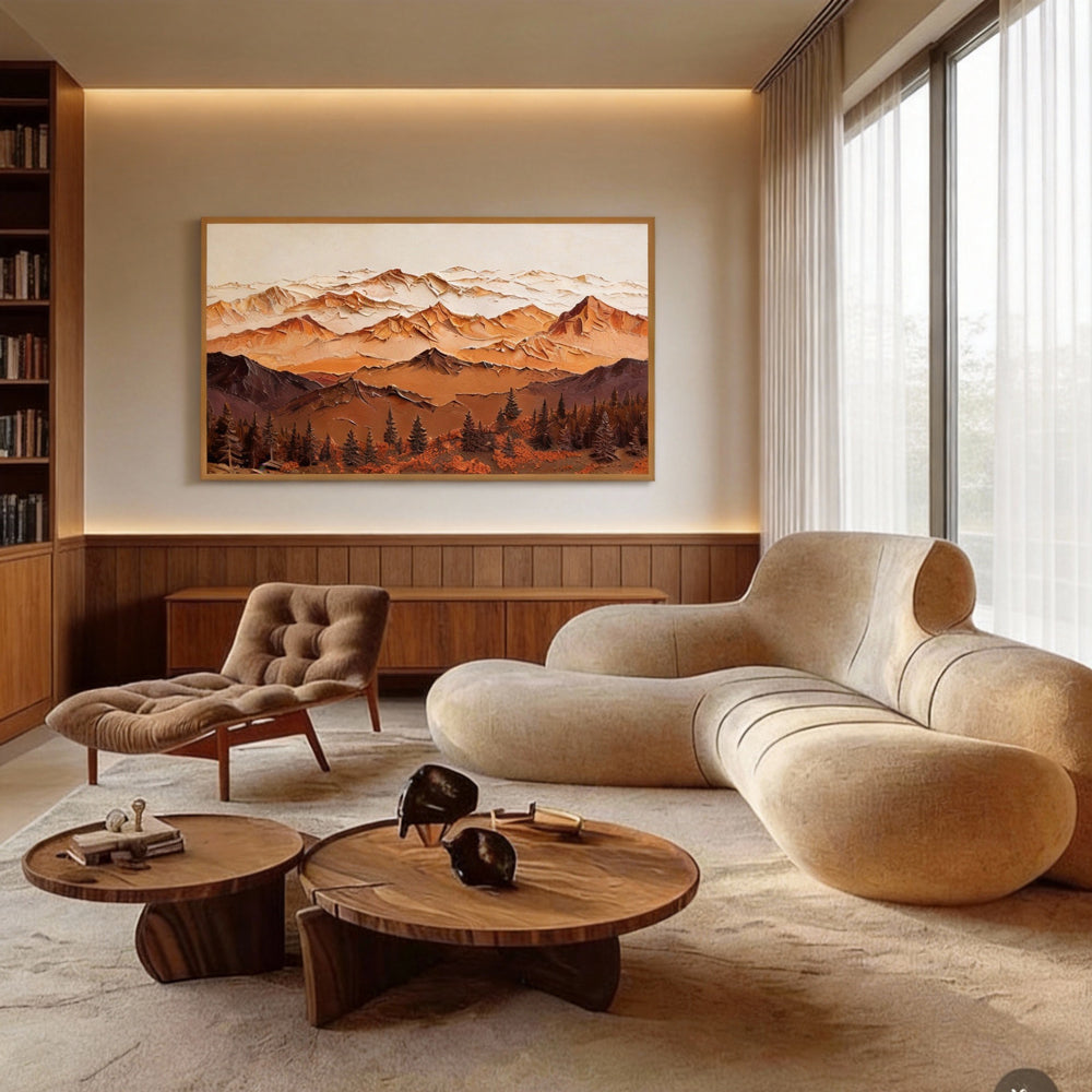 Majestic Mountain Serenity – Abstract Texture Landscape in Warm Earth Tones, Layered Peaks and Forest Elements-Landscape Orientation