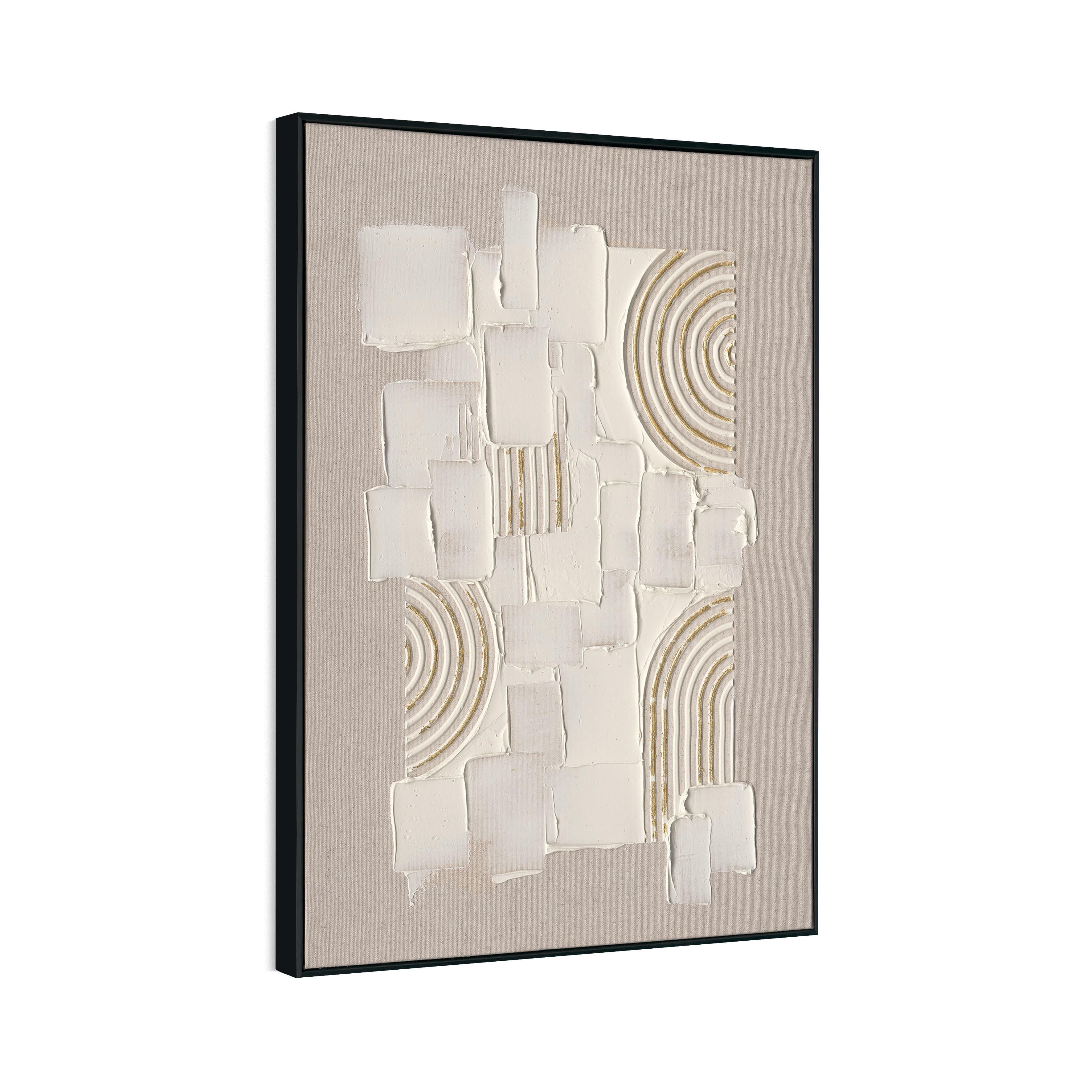Original hand-painted texture art, merging plaster blocks with golden arcs, minimalist yet full of artistic tension.