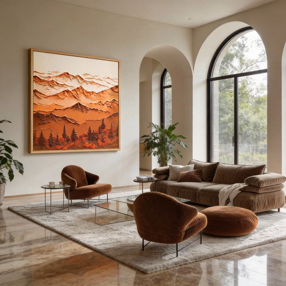 Majestic Mountain Serenity – Abstract Texture Landscape in Warm Earth Tones, Layered Peaks and Forest Elements-square canvas