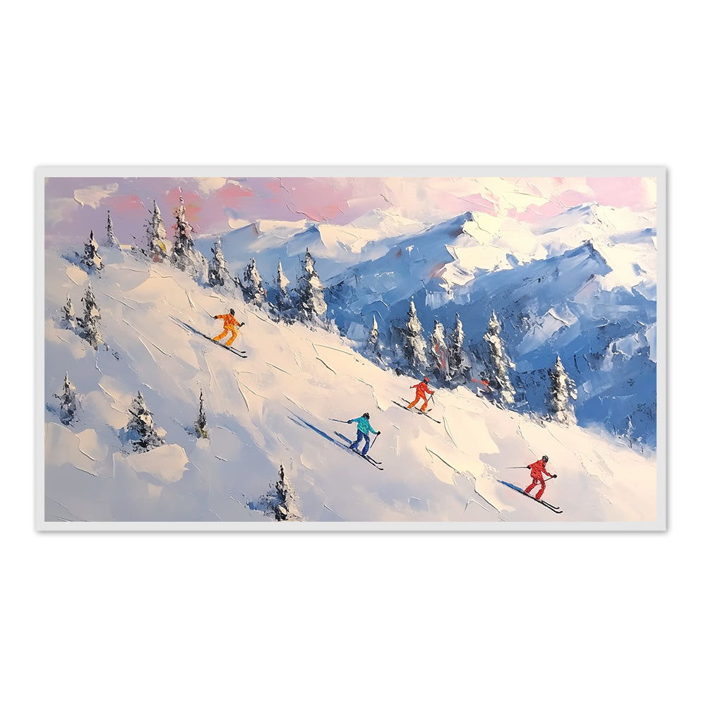Alpine Sunset Ski Escape – Impressionist Impasto Style Handmade Oil Painting Wall Art