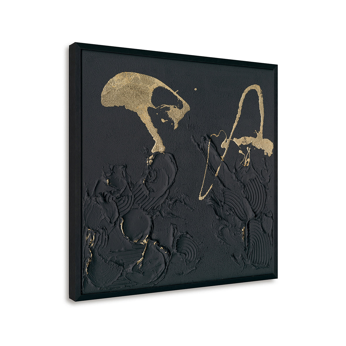 Handmade Abstract Wall Art – Black Textured Painting with Gold Accents