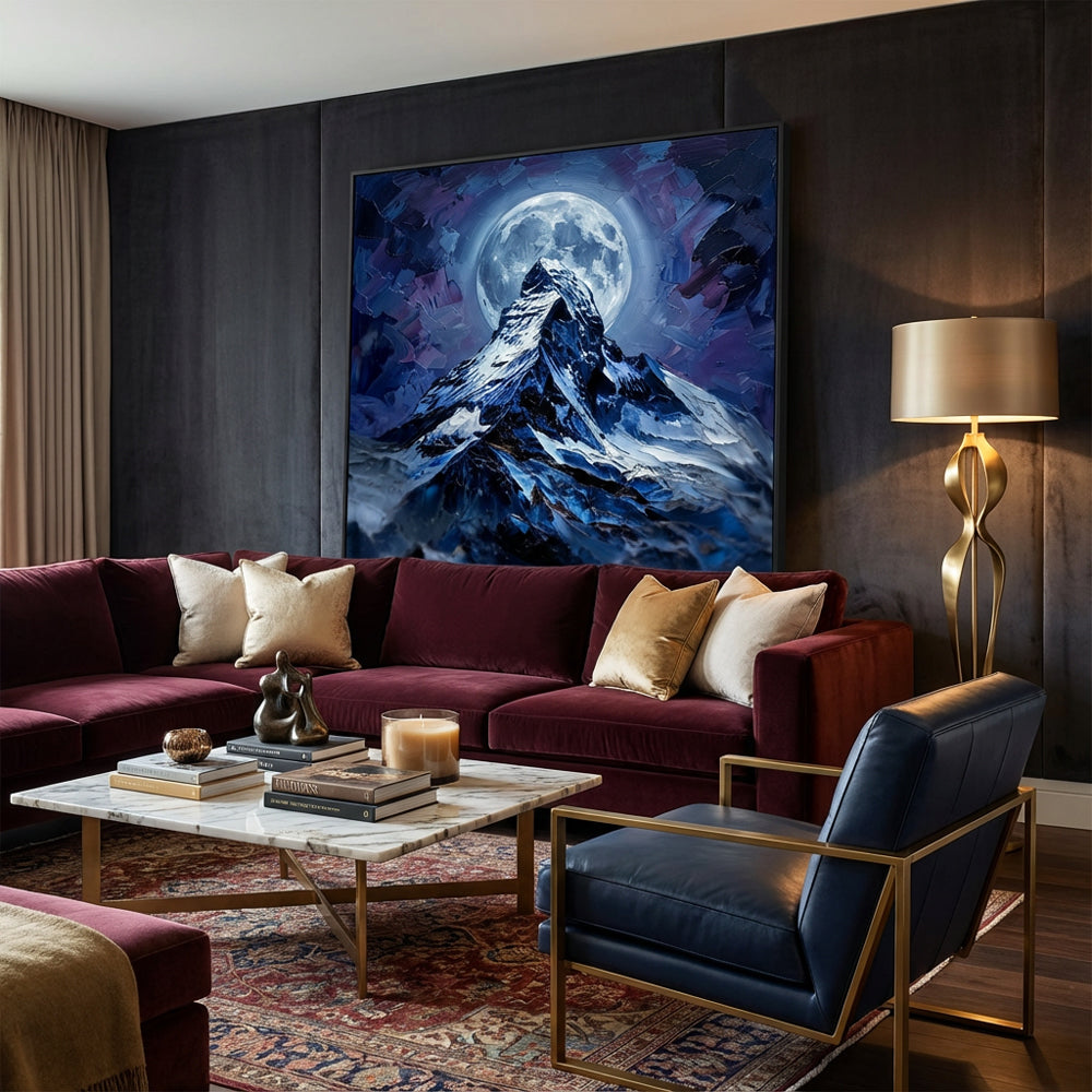 Moonshadow Peak – Impressionist Nightscape Mountain Oil-Style Artwork Handcrafted Painting