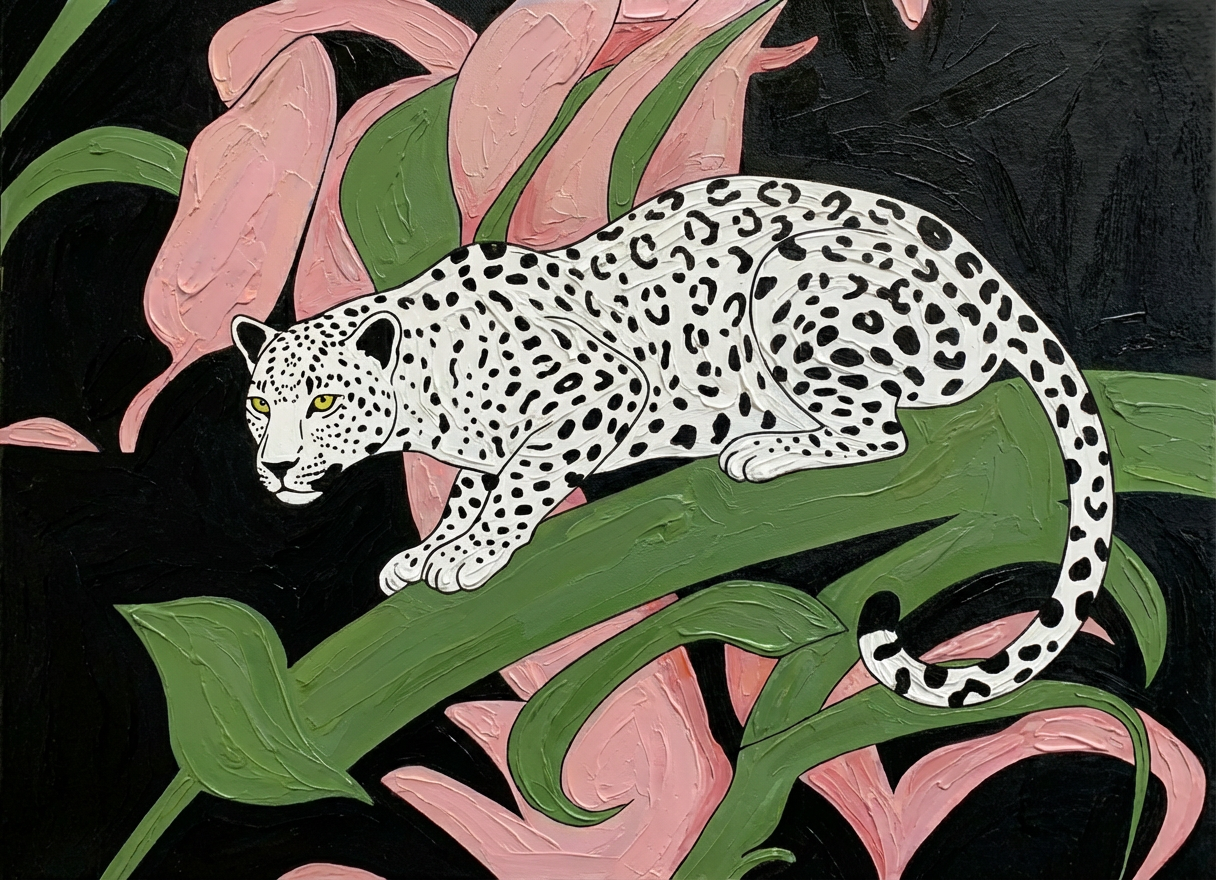 Leopard in Bloom – Modern Figurative Style Handmade Painting Wall Art