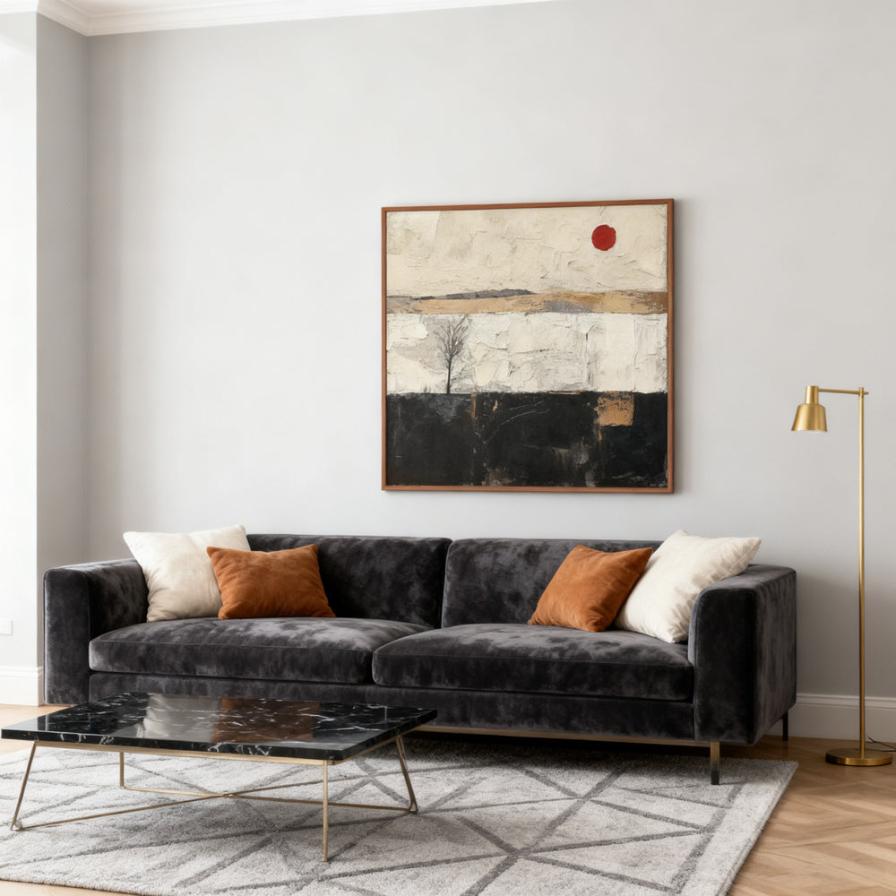 Lone Tree & Red Sun Landscape Theme Painting – Modern Abstract Style Handmade Oil Painting Wall Art