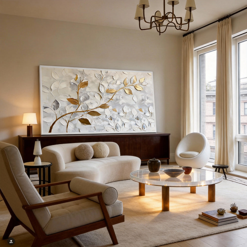 Still Veins– Hand-Painted Textured Floral Oil Painting Wall Art in White and Gold-Landscape Orientation