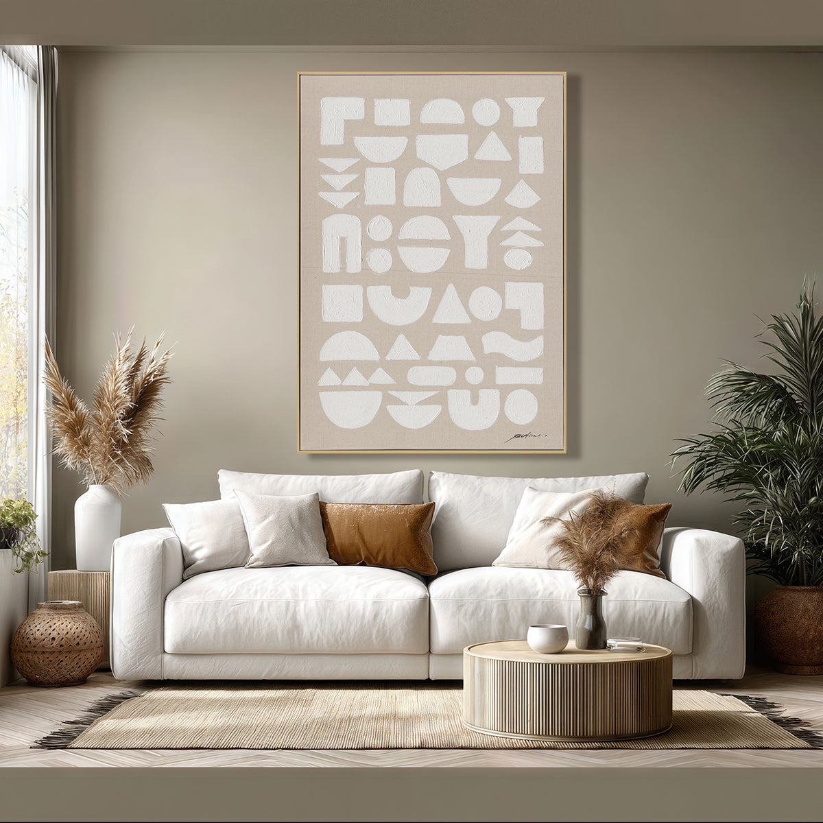 Original wabi-sabi wall art, merging geometric forms with texture, adding calm and depth to interiors