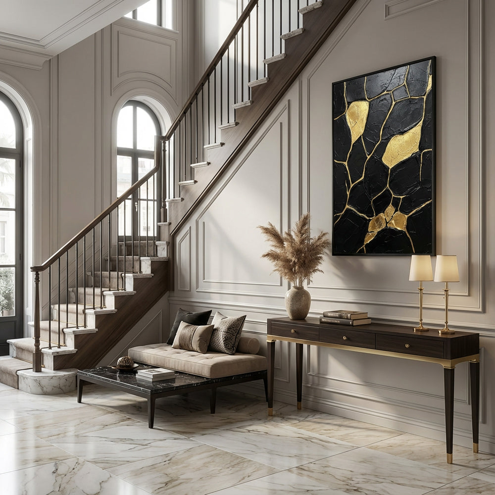 Veins of Gold Silence | Contemporary Abstract Black & Gold Hand-Painted Oil Painting Wall Art