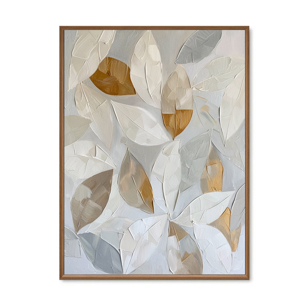 Silent Forms – Hand-Painted Textured Leaf Canvas Wall Art in Soft Neutrals and Gold