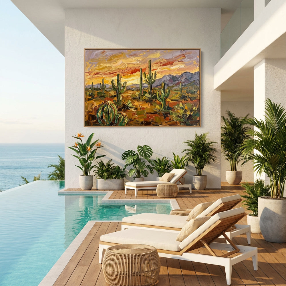 Desert Cactus Sunset texture Landscape Painting – Impressionist Style – Warm Earth Tones – Cacti & Mountain Elements