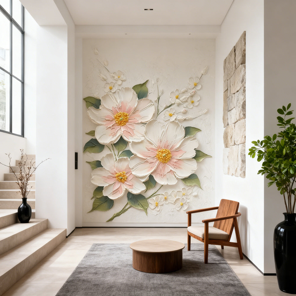 Blossoming Harmony Floral Texture Art – Impressionistic Style Handmade Oil Painting Wall Art