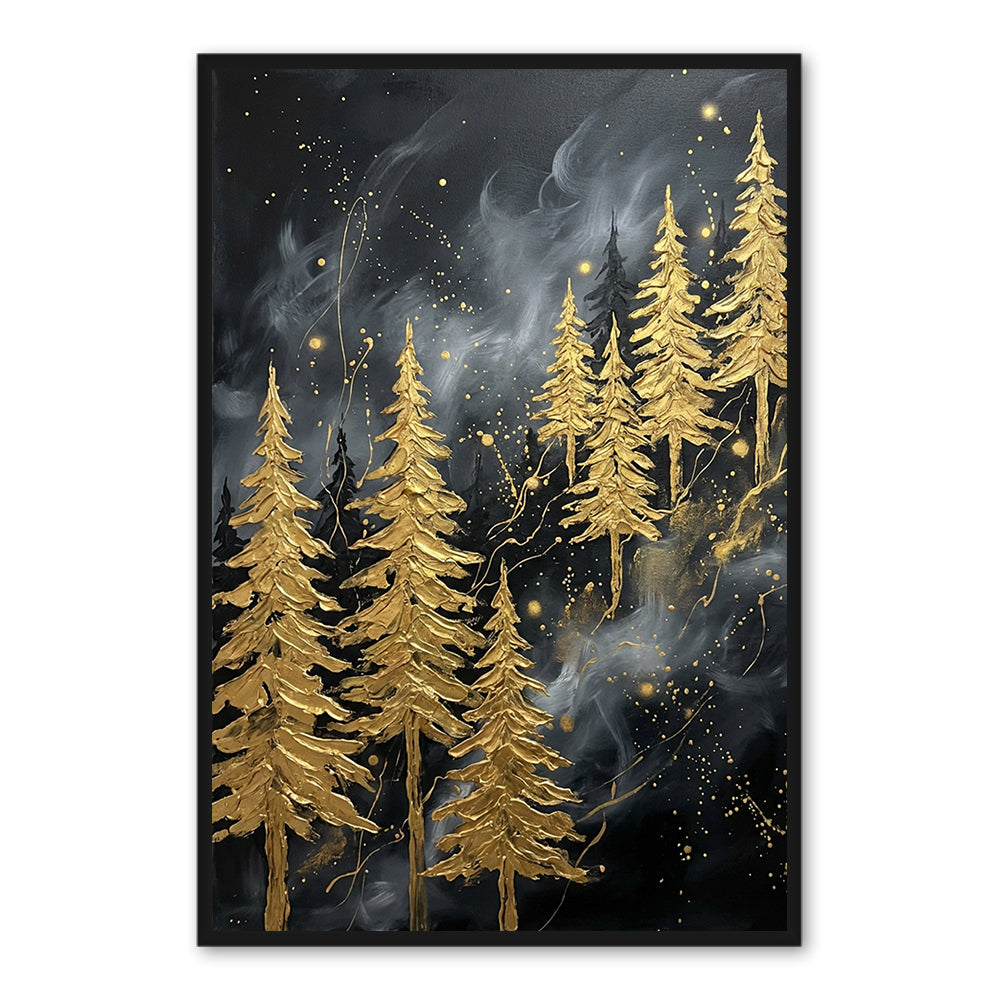 Golden Whispering Pines – Abstract Metallic Forest Oil-Style Artwork Handcrafted Painting