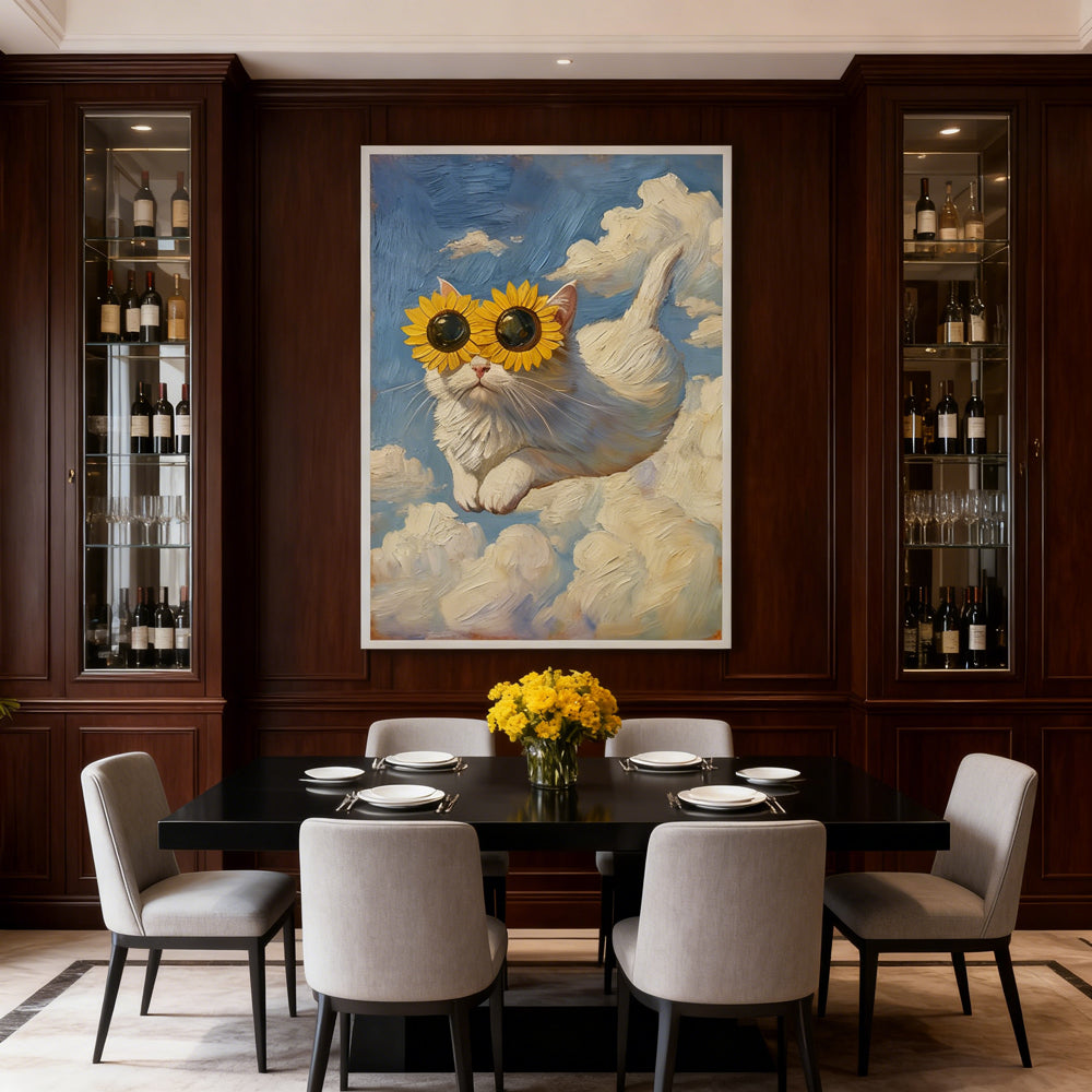 Sunflower Shades Cat – Surreal Fantasy Style Hand-Painted Oil Painting Wall Art