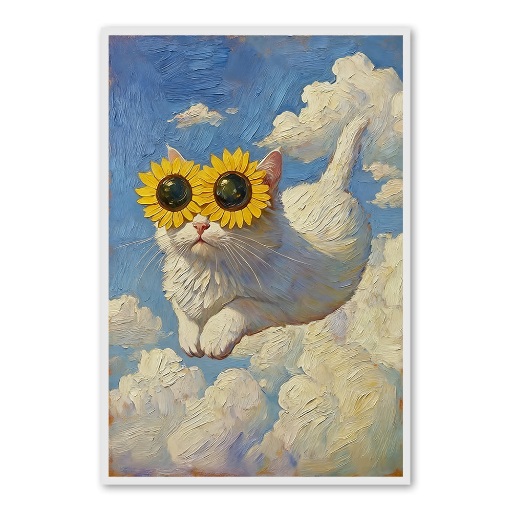Sunflower Shades Cat – Surreal Fantasy Style Hand-Painted Oil Painting Wall Art