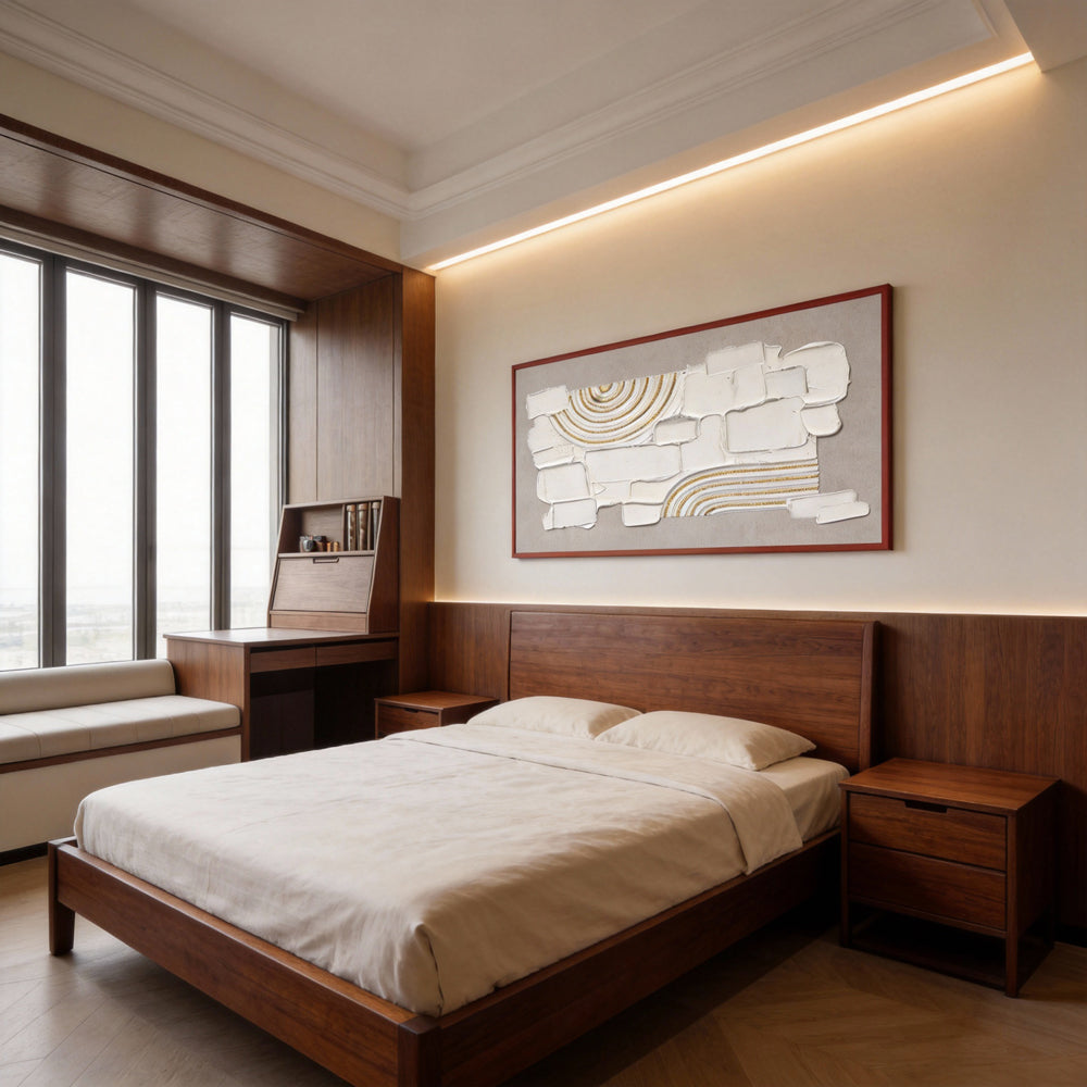 Original handmade texture art, crafted with plaster and golden lines, adding unique depth and serene modern Wabi-Sabi charm.--Landscape Orientation