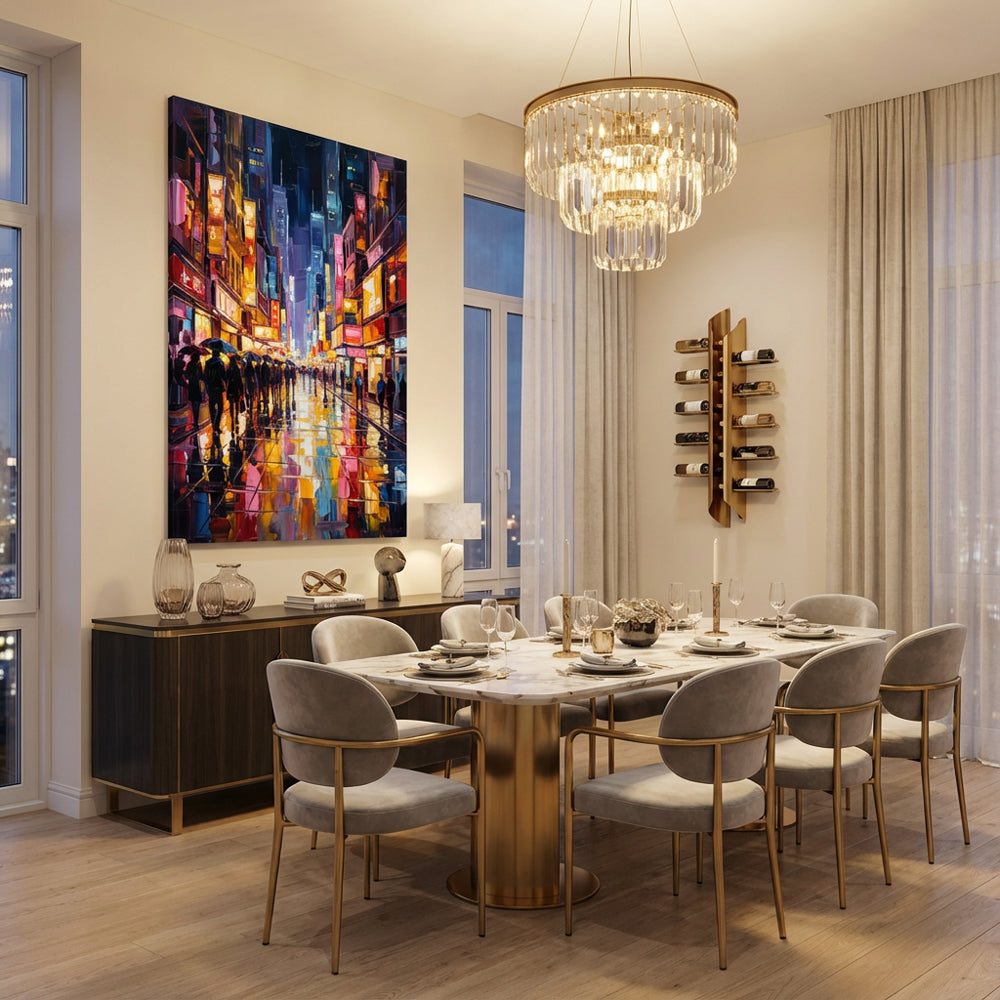 Neon Rain Street — Contemporary Expressionist Hand-Painted Oil Painting Wall Art