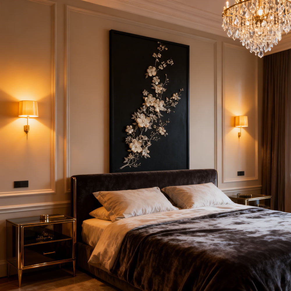 Silver Blossom Elegance – Modern Minimal Relief Style Handmade Oil Painting Wall Art