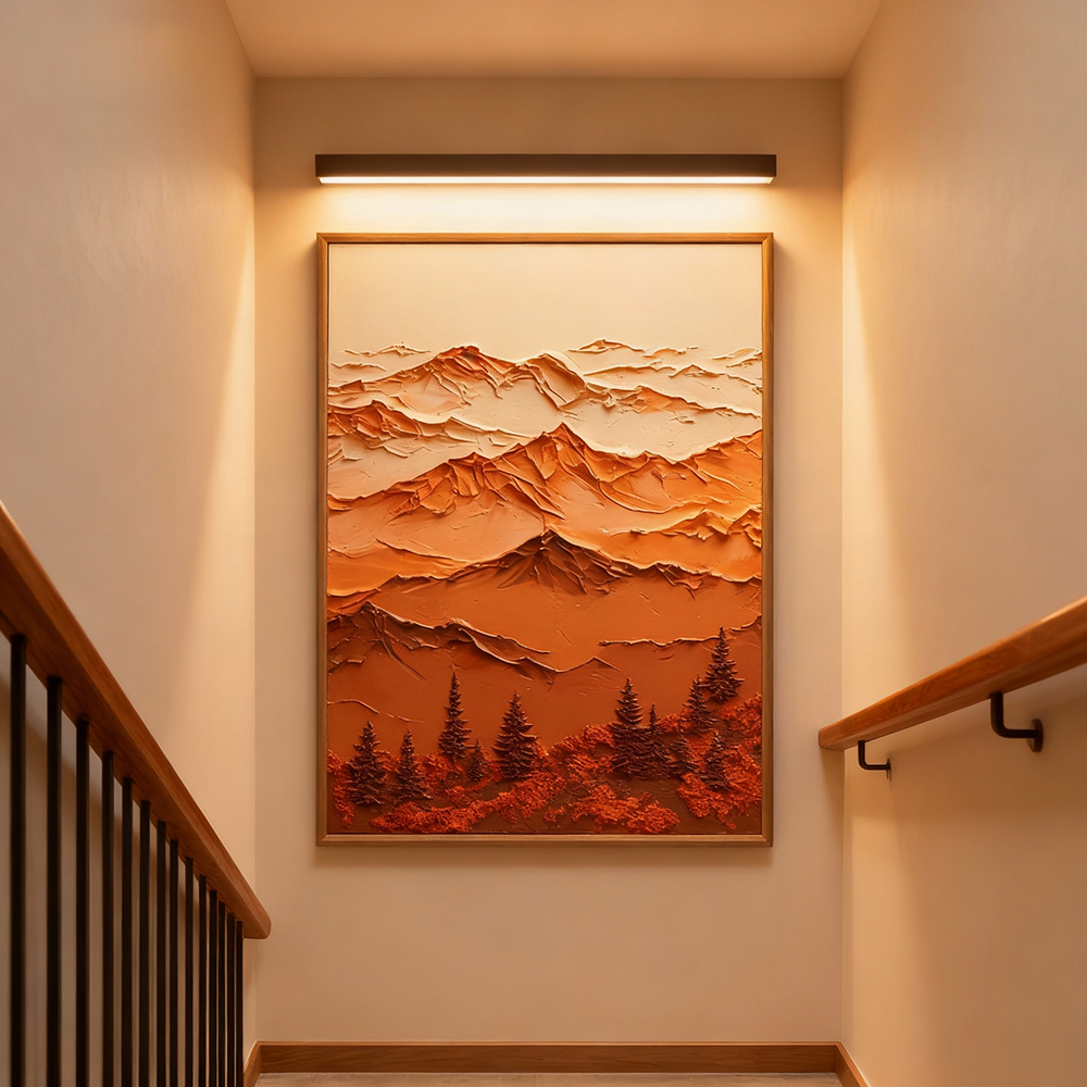 Majestic Mountain Serenity – Abstract Texture Landscape in Warm Earth Tones, Layered Peaks and Forest Elements