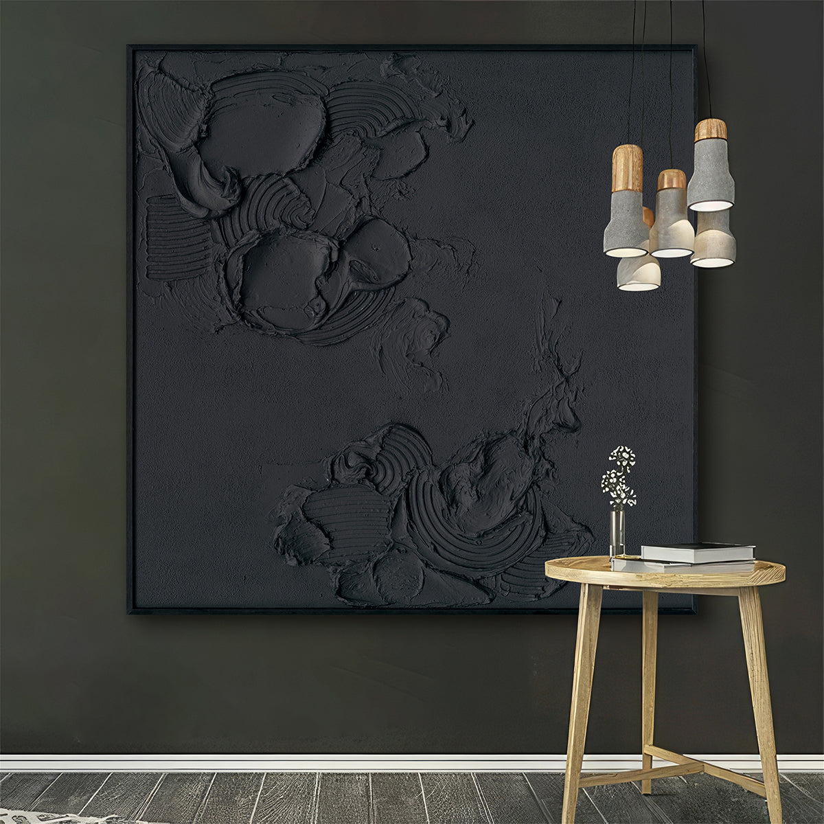 Handmade Modern Abstract Painting – Bold Black Textured Wall Art