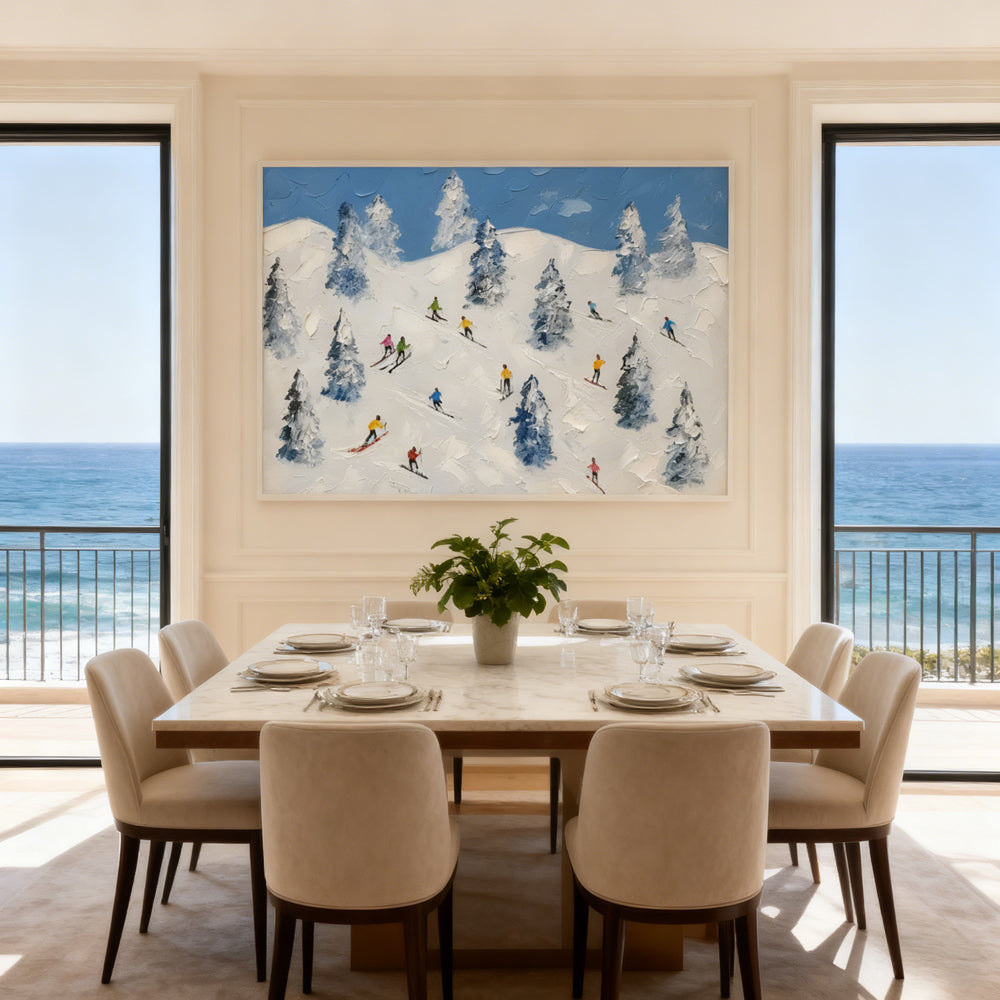 Winter Ski Adventure – Modern Impasto Style Handmade Oil Painting Wall Art