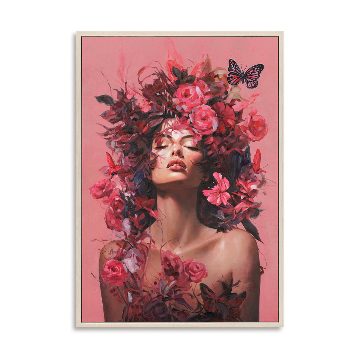 Handmade Romantic Floral Woman Portrait Contemporary Figurative Art on Canvas