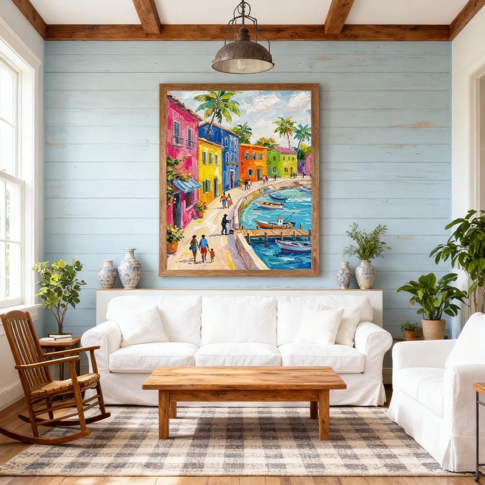 Vibrant Coastal Town Painting – Impressionist Palette Knife Style Handcrafted Painting artwall