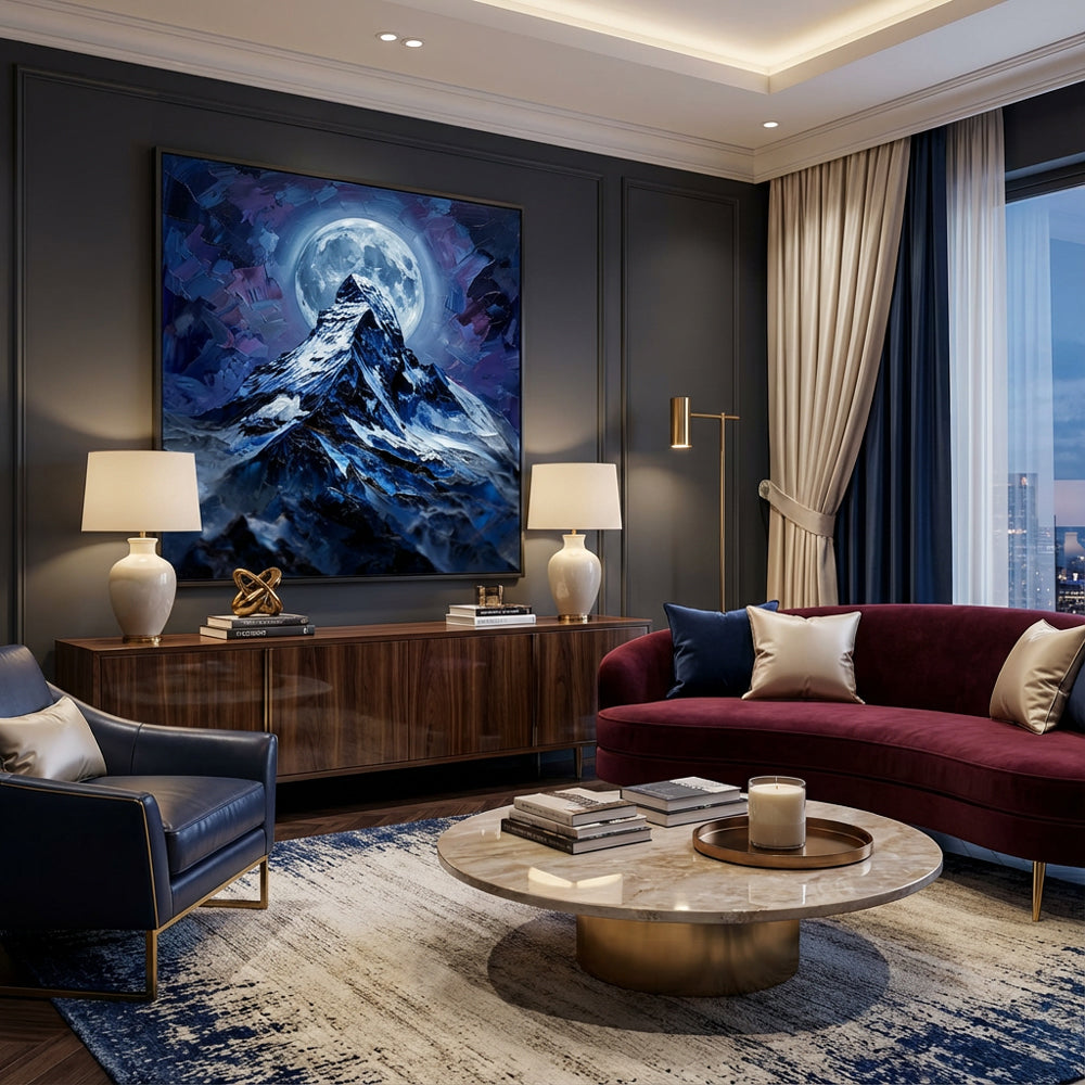 Moonshadow Peak – Impressionist Nightscape Mountain Oil-Style Artwork Handcrafted Painting