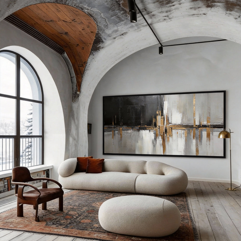 Handcrafted Elegance Golden Glow and Ink Shadow Harmony Painting-Landscape Orientation